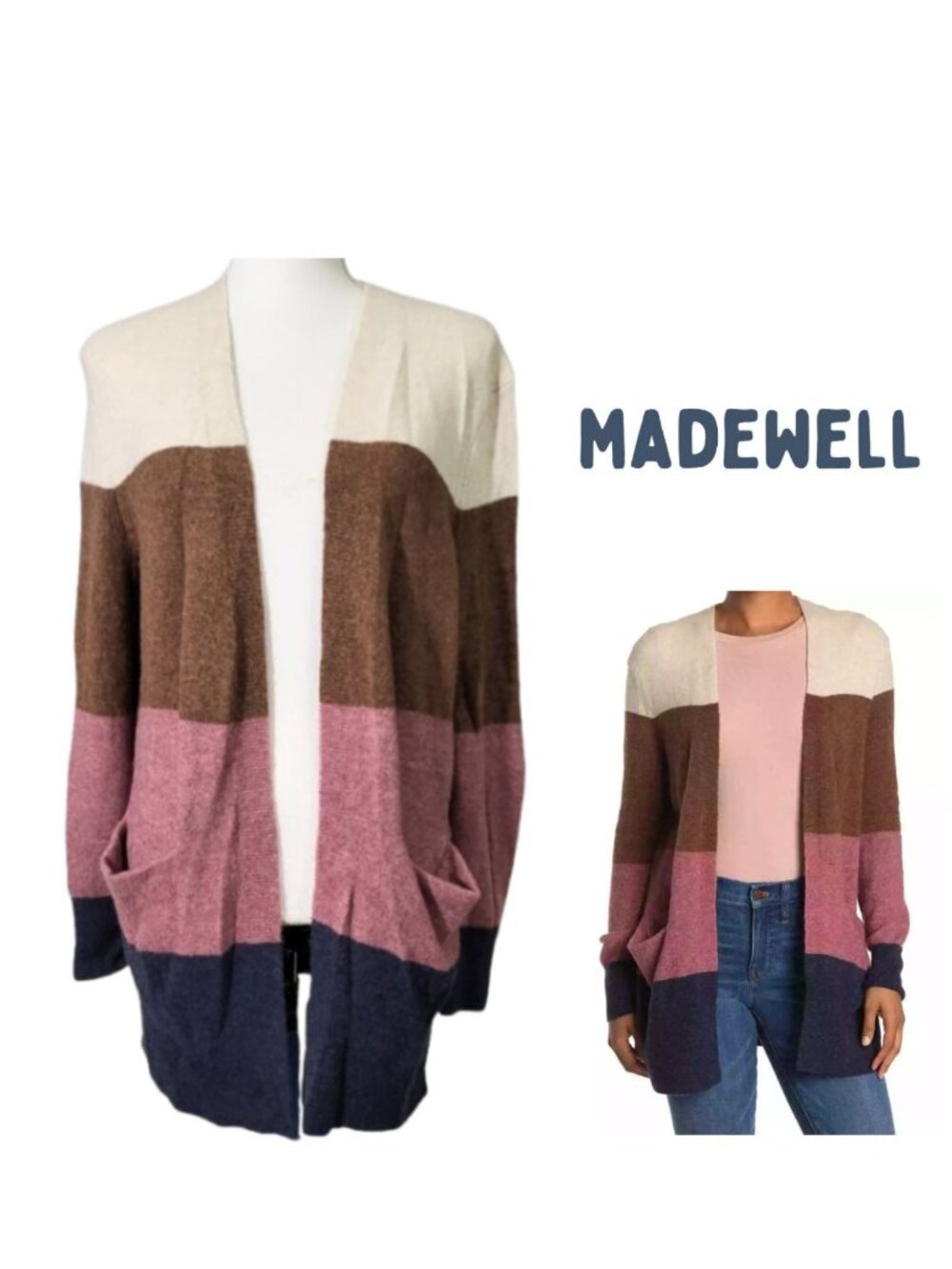 MADEWELL Color Block Merino Wool Blend Kent Open Front Cardigan - Women's XS